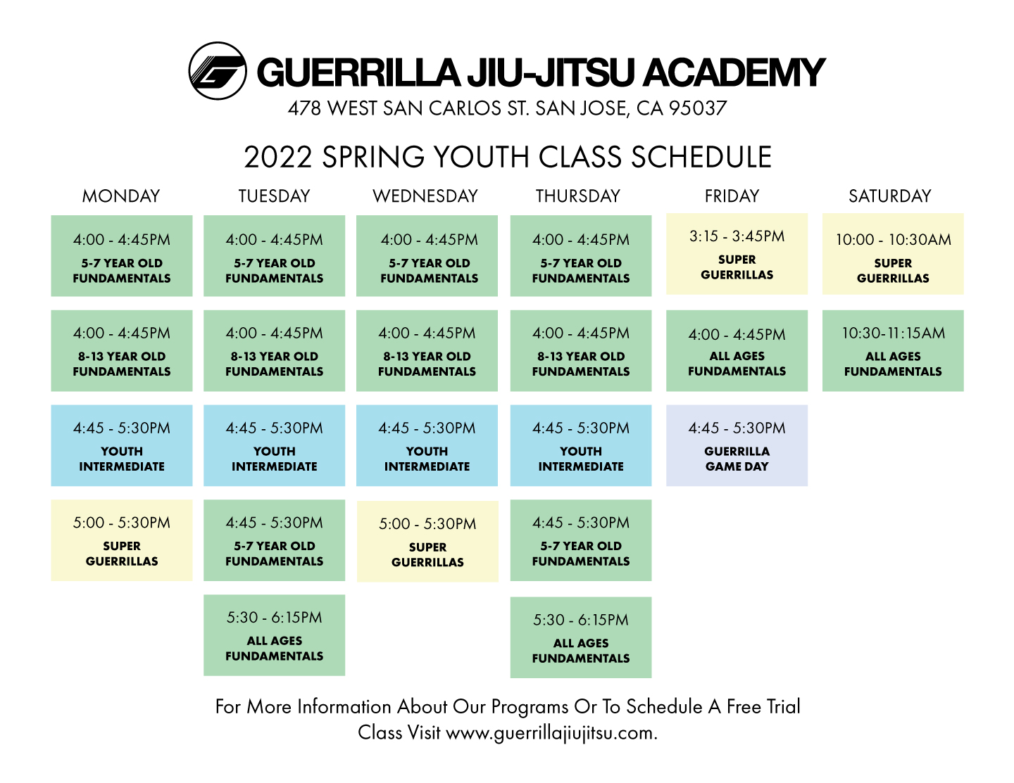 Youth Jiu-Jitsu Class Schedule
