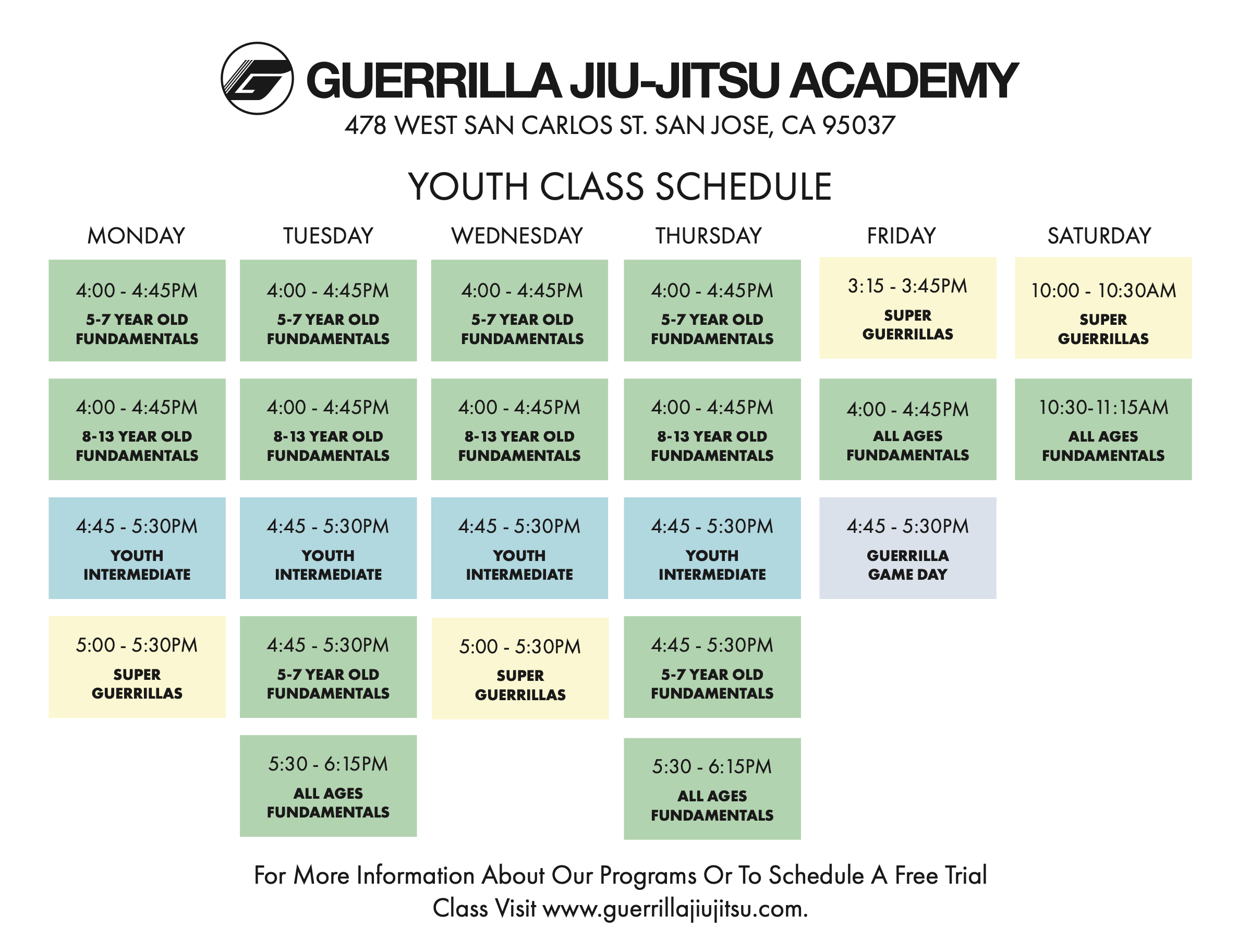 Youth Jiu-Jitsu Class Schedule